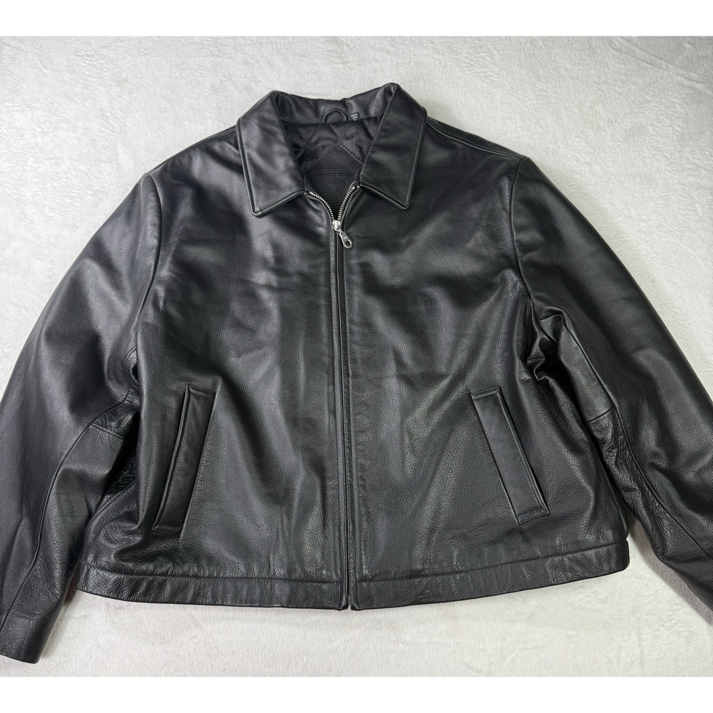 Roundtree Yorke Bomber Leather Jacket Mens XL Black Biker Moto Buckle Straps